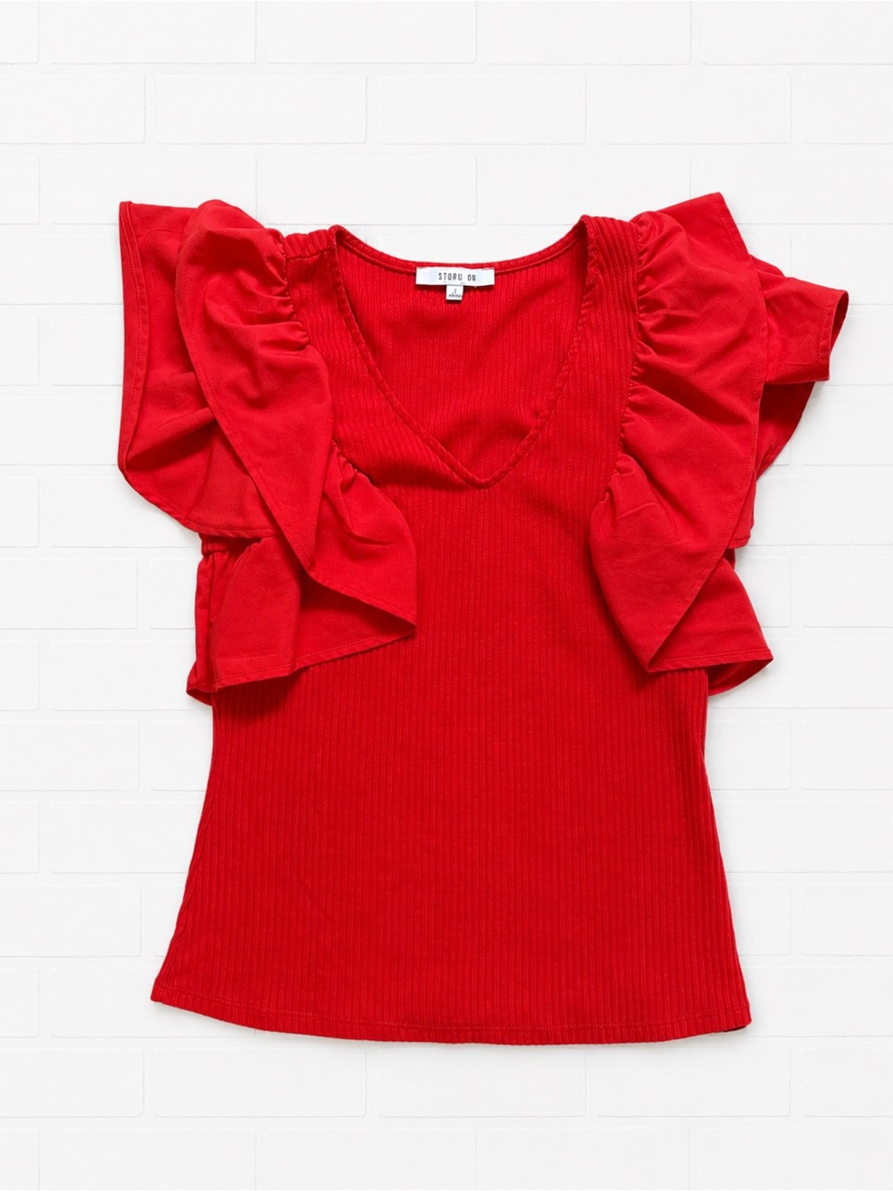 Story On Red Ruffle Sleeve V-Neck Top